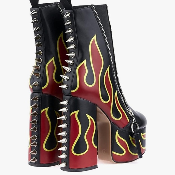 Black and Red Flame Platform Boots - Picture 2 of 3